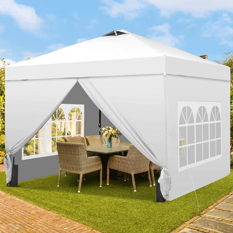 10x10 Pop Up Canopy Tent With Four Sidewalls One Push Setup for Quick No Tool Outdoor Shade Silver Coated Canopy