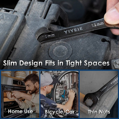 Using Ultra Slim Open End Wrench Set 10 Piece Metric With Rolling Pouch Includes 5.5 7 8 9 10 11 12 13 14 15 16 17 18 19 20 21 22 23 24 27 Millimeter Nickel Coated CRV Steel For Tight Spaces on a car engine