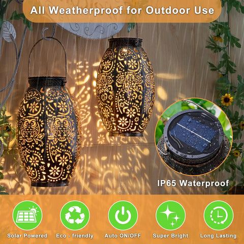 Two Pack Owl Solar Lanterns Outdoor Lights Waterproof Large Antique Bronze Garden Decor showcasing intricate patterns
