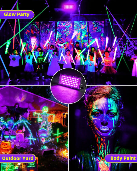 Beefed Up 120W LED Blacklight Flood Light IP66 for neon glow parties, stage lighting, body paint, and outdoor yard displays