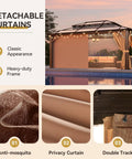 12x16 Foot Hardtop Metal Gazebo With Double Polycarbonate Roof for Outdoor Patio Netting and Curtains Included Permanent Backyard Pavilion showcasing curtains.
