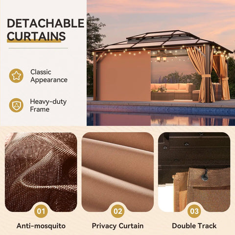 12x16 Foot Hardtop Metal Gazebo With Double Polycarbonate Roof for Outdoor Patio Netting and Curtains Included Permanent Backyard Pavilion showcasing curtains.