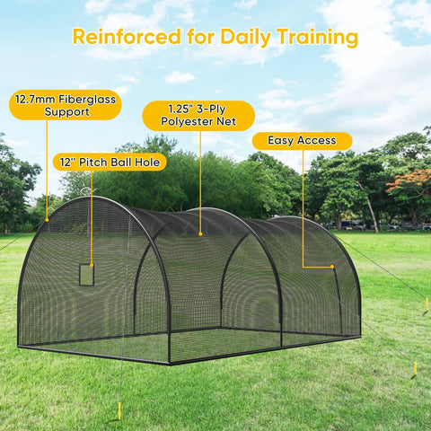 Backyard Baseball And Softball Batting Cage With Enclosed Net And Pitching Hole, 22x12x8 ft, fiber poles, polyester net, in a park