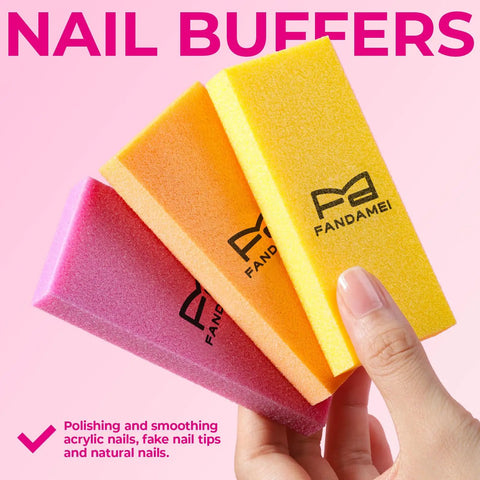 Colorful nail buffers from Manicure Kit For Women With Pro Nail Files And Buffers, Cuticle Remover Liquid And Rose Oil.