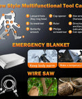 Survival Gear Kit for Men With 27 In 1 Complete Tools and Camping Accessories featuring tool card, emergency blanket, and wire saw.