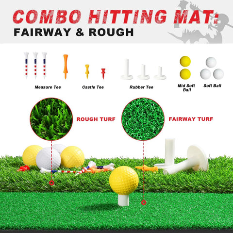Heavy Duty 10x7 Foot Golf Practice Net With Dual Turf Mat Noise Reduced Target Cloth showing fairway and rough turf.