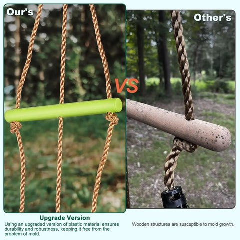 Comparison of green and wooden monkey bars outdoors, highlighting Disc Swing With Monkey Bars For Backyard Playground Set Heavy Duty.