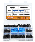 DIY Wood Screws Set M3 M4 M5 With Drywall Anchors Kit, 320 Carbon Steel Self Tapping Flat Head Screws And 40 Blue Nylon Expansion Anchors, Eight Lengths M3x16 M3x18 M4x20 M4x25 M4x30 M4x35 M5x30 M5x40 Phillips Drive in plastic organizer box