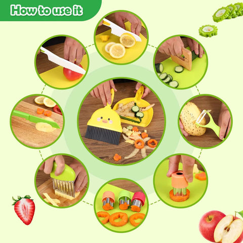 14-piece Montessori toy kitchen knife set for kids with cutting board; Amazon brand, ages 3–12.