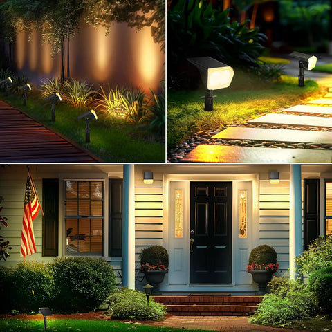 Outdoor Solar Spot Lights 12 LED IP67 Waterproof Dusk To Dawn Landscape Spotlights illuminating walkways and homes at dusk