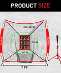Seven By Seven Foot Baseball And Softball Practice Net with numbered strike zone and adjustable batting tee dimensions.