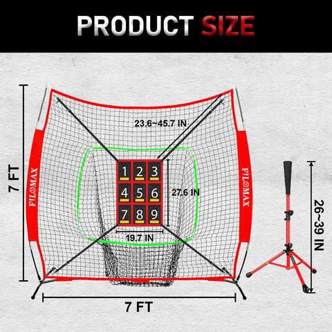Seven By Seven Foot Baseball And Softball Practice Net with numbered strike zone and adjustable batting tee dimensions.
