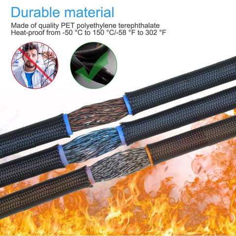 Expandable Braided Cable Sleeve Kit With 65.6 Ft Total Length, heatproof wire coverings against flames, durable material