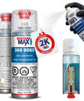 SprayMax 2K Clear Matte automotive spray paint cans, 11.2 oz, blue label, three cans shown.