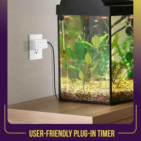 No Fuss Plug And Play Digital Outlet Timer Featuring An Eight Hour Countdown Switch With Daily Repeat Mode Bright Led Lights Sleek White Finish Zero Setup Required Truly Handy Indoor Switch For Everyday Home Gear attached to a wall near an aquarium.