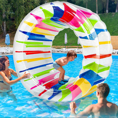 Child playing inside 65 Inch Giant Inflatable Wheel Roller Pool Toy For Kids Ages 6 And Up, in a swimming pool.