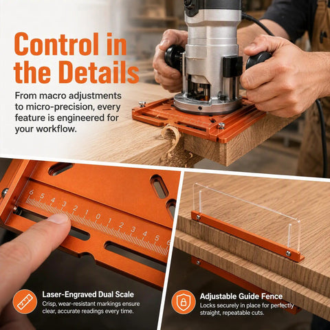 Pro Level Aluminum Router Base Plate With Dual Scale Precision Markers Durable Build supports trim router with adjustable guide fence.