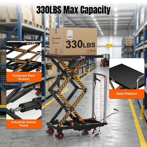 Top Shelf Hydraulic Lift Table Cart Rated For 330 Pound Loads with steel platform, shown in warehouse lifting box.