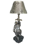 Weary Knight From Battle's End Sculptural Lamp For Home Or Garden, Armor-Clad Warrior Kneeling With Pierced Metal Shade