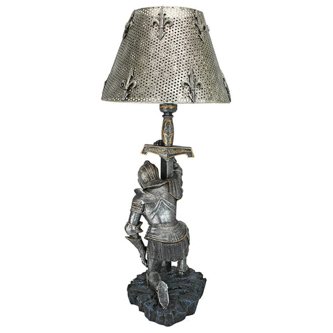 Weary Knight From Battle's End Sculptural Lamp For Home Or Garden, Armor-Clad Warrior Kneeling With Pierced Metal Shade