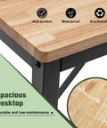 Heavy Duty Adjustable Height Workbench With Built In Power Outlets And Solid Rubber Wood Top showing anti-scratch rubber wood top and sturdy black steel frame.