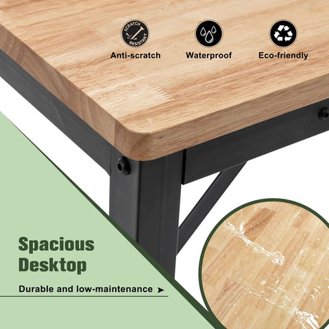 Heavy Duty Adjustable Height Workbench With Built In Power Outlets And Solid Rubber Wood Top showing anti-scratch rubber wood top and sturdy black steel frame.