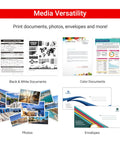 Media versatility showing printed documents, photos, and envelopes demonstrating All In One Wireless Color Inkjet Printer capabilities.