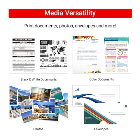 Sample print outputs including black and white documents, color documents, photos, and envelopes showing media versatility.