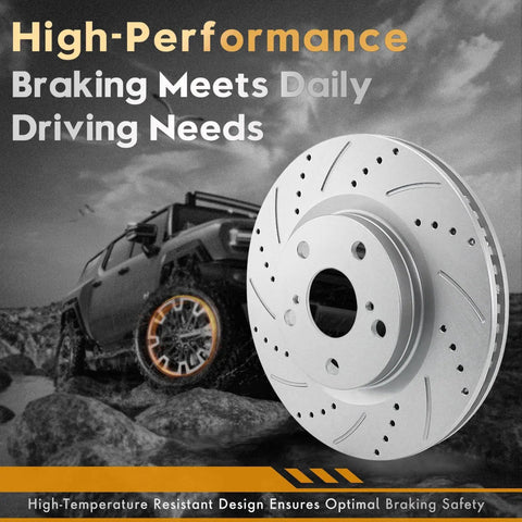 Image of a Geomet coated drilled and slotted rotor from the Front Brake Kit For Toyota Camry 2007 2017, Avalon 2008 2018, Lexus ES350 2007 2018, ES300h 2013 2018 With Geomet Coated Discs Drilled And Slotted Rotors And Ceramic Pads, Model KOE3053, pictured next to an off-road vehicle.