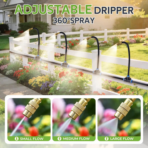 All In One No Fuss 360 Degree Drip Irrigation System Kit With Timer and 100 Feet Of Quarter Inch Tubing brass nozzles in yard