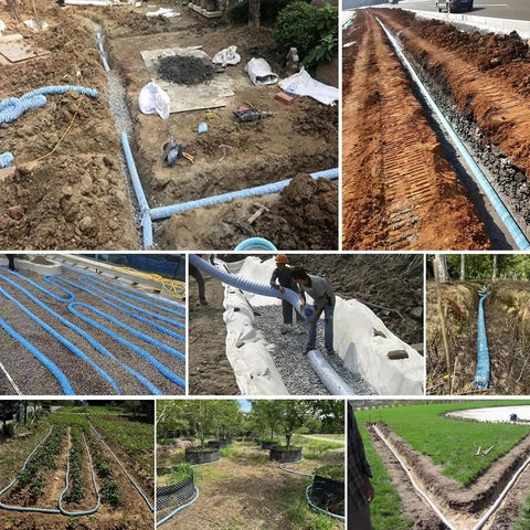 Various installations of Two Inch Soft Flexible Permeable French Drain Pipe With Non Woven Filter Fabric for landscapes and gardens.