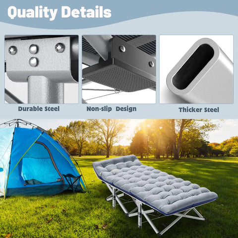 Foldable Camping Cot With Mattress Pad Portable Camp Bed showcasing steel frame and mattress in outdoor setting
