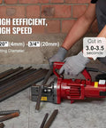 Powerful 1250W Electric Hydraulic Rebar Cutter in use, cutting 20mm iron rods at a concrete site, showing efficiency and speed.