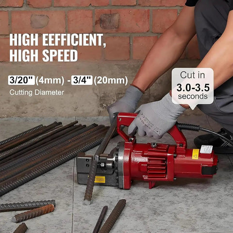 Powerful 1250W Electric Hydraulic Rebar Cutter in use, cutting 20mm iron rods at a concrete site, showing efficiency and speed.