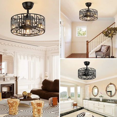 Dope Matte Black Crystal Cage Ceiling Fan With Light in living room, stairway, and dining area, industrial farmhouse vibe.