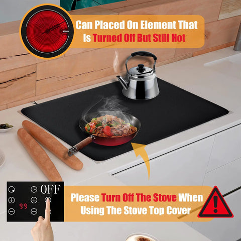 Heat Resistant Glass Stovetop Cover For Electric Stoves 21 By 29 Point 5 Inches Fireproof Waterproof Shield in use with hot items.