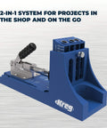 Pocket Hole Jig System With R3 Jig Drilling Guide And Dust Collection Pro Grade shown with adjustable blue body for woodworking.