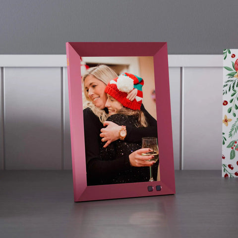 Smart Digital Picture Frame 8 Inch That Lets You Share Moments Instantly Via Email Or App In Pomegranate Finish Perfect For The Fam Photos And Easy Setup With Cloud Sync on table