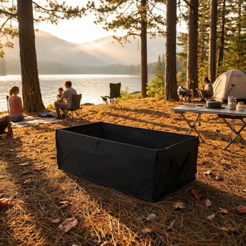 Solid As A Rock Foldable Replacement Liner For Camping Wagons waterproof black liner in a serene camping scene by a lake.