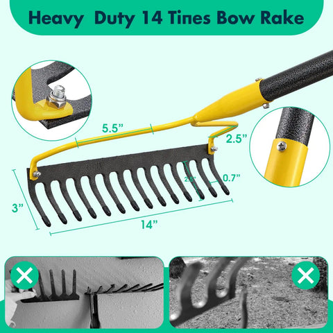 Heavy Duty 60 Inch Bow Rake With 14 Tines All Steel Garden Rake For Lawn And Landscaping Adjustable Handle From 34 To 60 Inches Loosening Soil Leveling Mulch Gathering Leaves Yard Work Beast