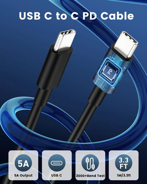 Close-up of USB-C to USB-C PD cable with 5A output, 3.3 ft length, part of 67W 3-Port USB-C Car Charger With PD 37W Max And QC 30W Max.