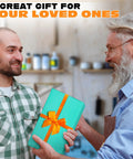 Two men exchanging a gift, turquoise box with orange ribbon, smiling, handmade crafts setting in background.