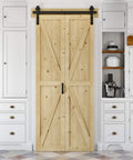 Space Saving 40 Inch By 84 Inch Unfinished Pine Bi Fold Barn Door With K Shape Bifold Design in kitchen setting