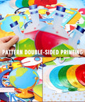Colorful science lab theme cutouts from Science Party Hanging Swirl Decor Set, 30 Pack For Kids Birthday Bash with double-sided printing.