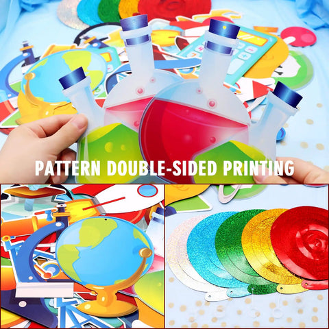 Colorful science lab theme cutouts from Science Party Hanging Swirl Decor Set, 30 Pack For Kids Birthday Bash with double-sided printing.