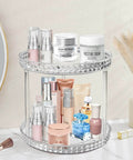 Two Tier Clear Diamond Lazy Susan Bathroom Organizer With Hella Smooth 360 Rotating Base For Vanity Countertop Makeup Skincare Perfume Storage in use with various products.