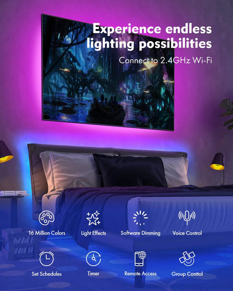 Ambient light setup in a bedroom with Wi-Fi control features, showcasing voice control and schedule settings options.
