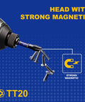 Head of Five Piece T20 Security Torx Bits with strong magnetic grip holding screws for high torque jobs.
