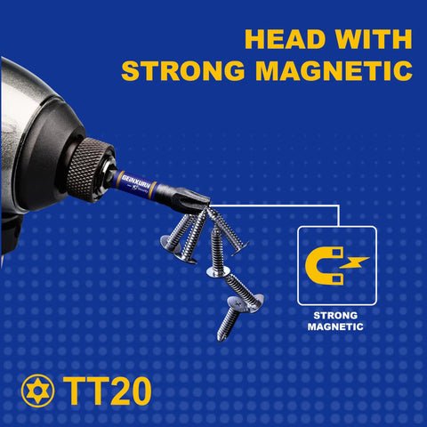 Head of Five Piece T20 Security Torx Bits with strong magnetic grip holding screws for high torque jobs.