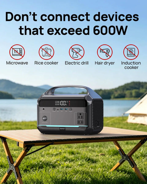600W Portable Power Station With 288Wh LiFePO4 Battery Backup on outdoor table near lake, warning against devices over 600W.